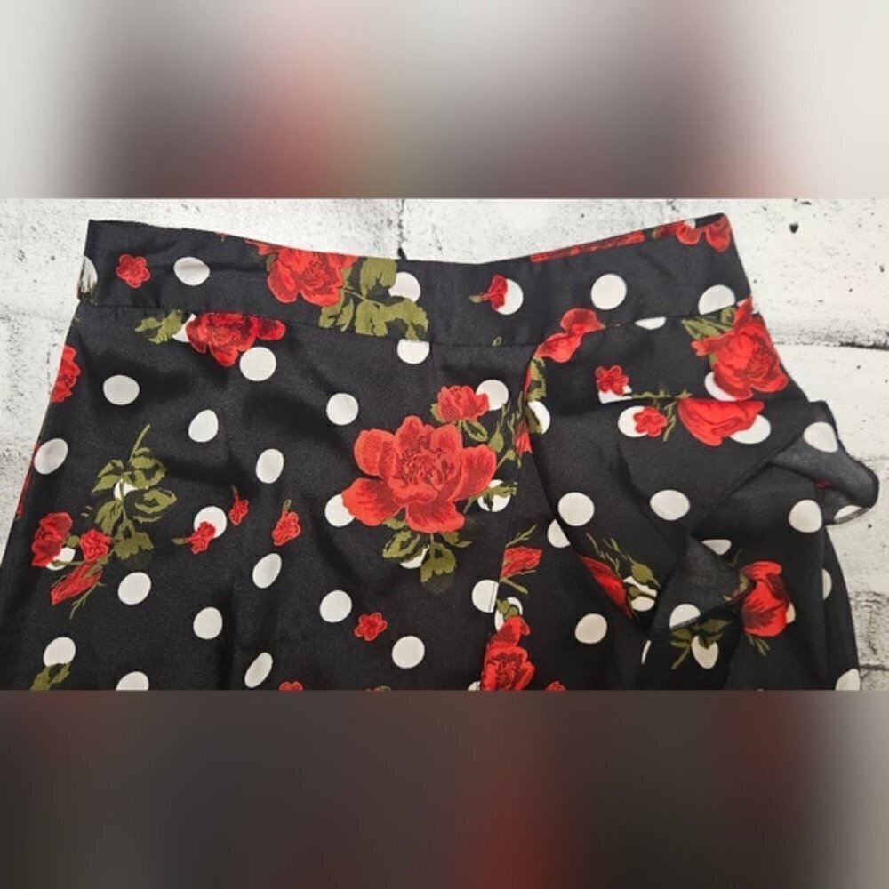 Zara Floral Polka Dot Wrap Midi Skirt Ruffle Hem XS Black Red - Picture 7 of 9